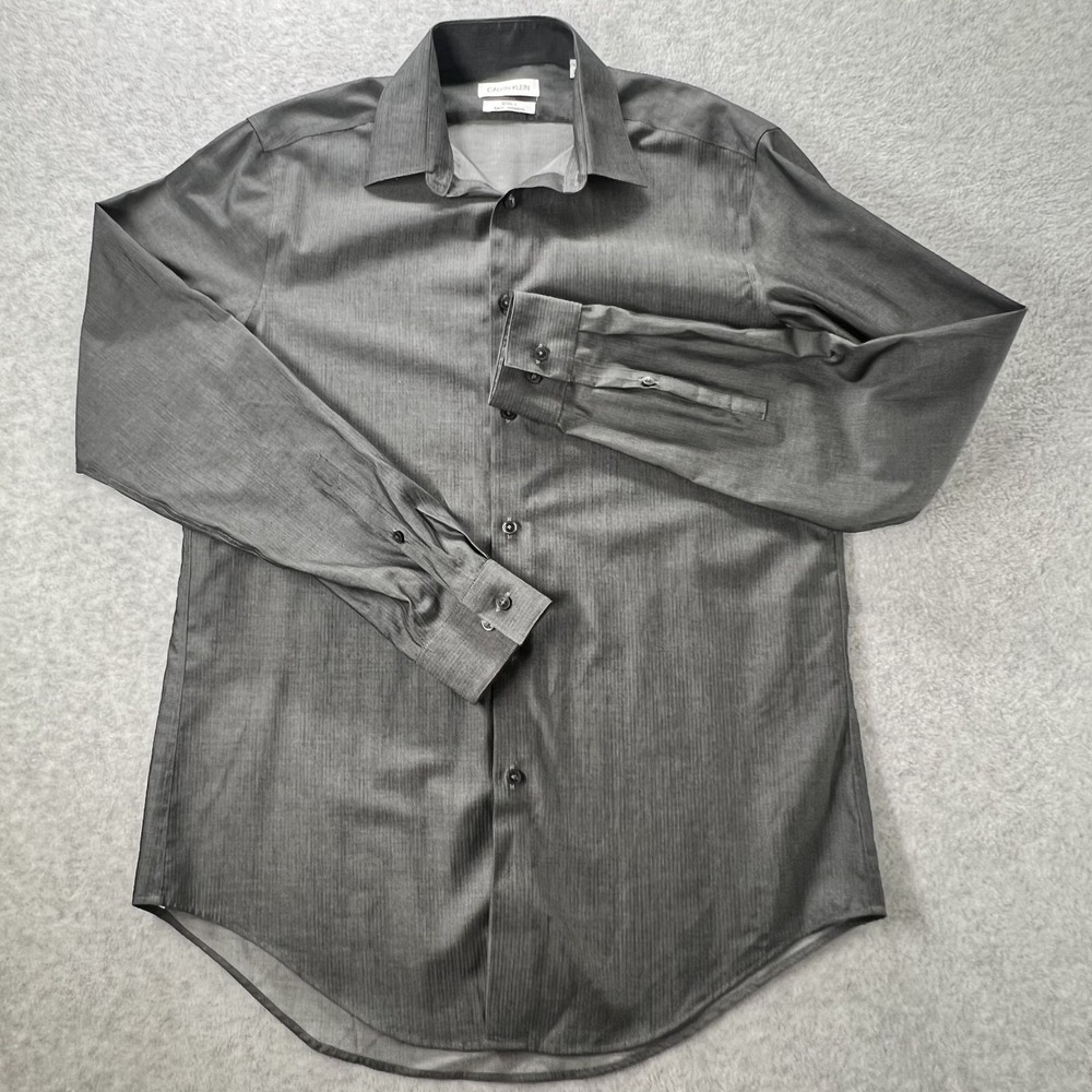 Calvin Klein Dress Shirt Mens Medium Gray Herringbone Slim Fit Button Up Formal